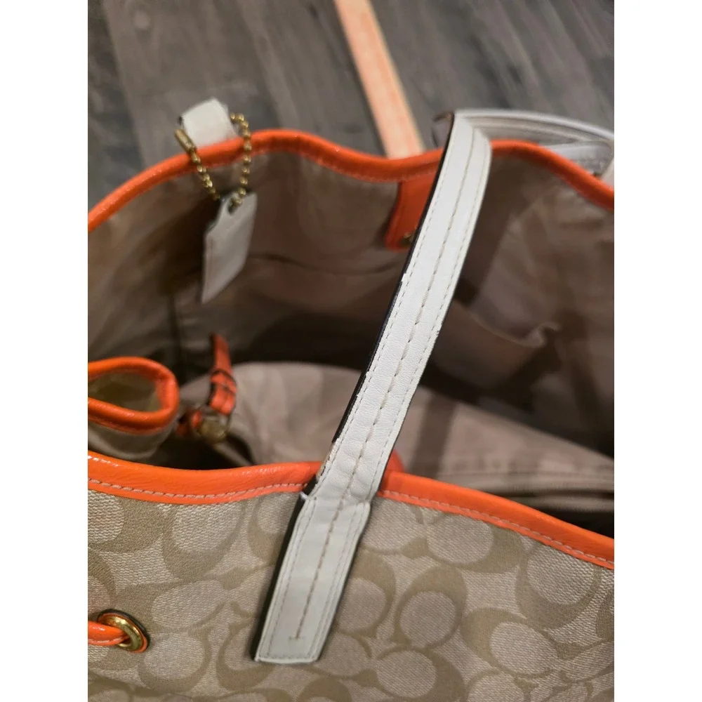 Coach‎ Heritage Stripe Drawstring Tote Bag Khaki Orange Signature Canvas F18923